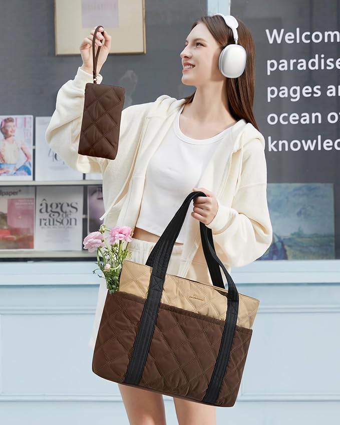 LOVEVOOK Puffer Tote Bag for Women, Puffy Work Handbag with Cup Holder, Travel Carry On Bag with Zipper for Teacher Nurse Gym