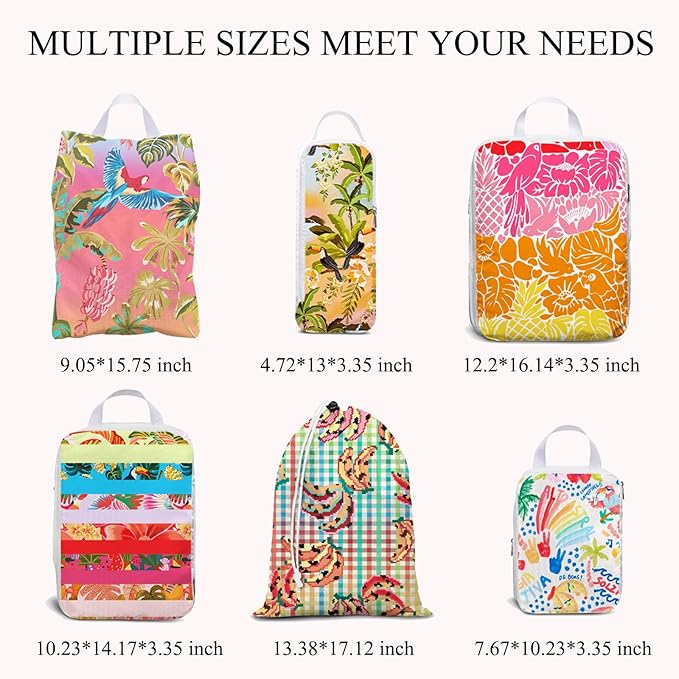 6 Pcs Compression Packing Cubes Waterproof Suitcase Travel Bag Luggage Backpack Organizer Travel Cubes for Packing-Tropical Banana