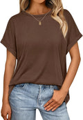 AUTOMET Women's Oversized Short Sleeve T Shirts Casual Drop Shoulder Rolled Cuff Summer Tops for Work, Travel and Lounge