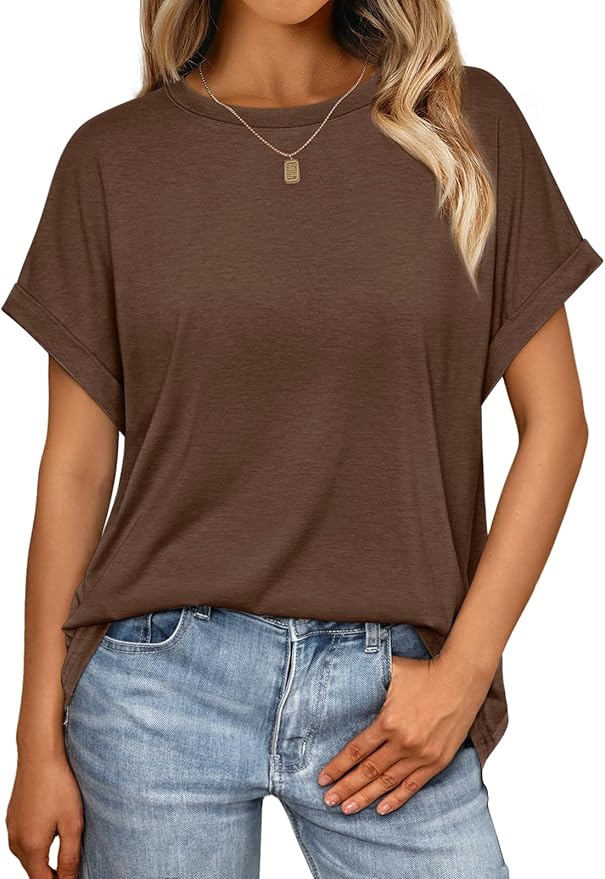 AUTOMET Women's Oversized Short Sleeve T Shirts Casual Drop Shoulder Rolled Cuff Summer Tops for Work, Travel and Lounge