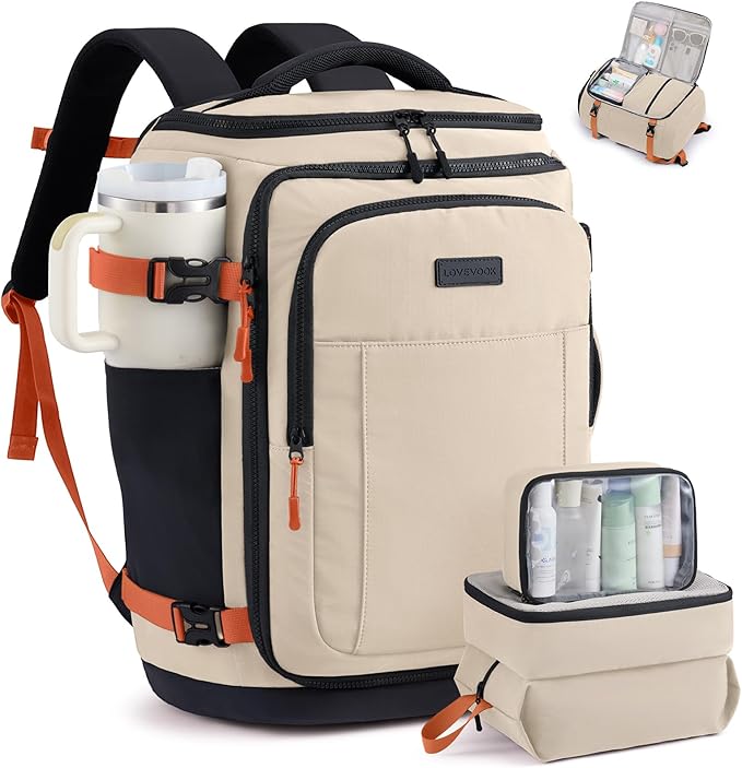 LOVEVOOK Travel Backpack for Women & Men, 40L TSA Approved Carry On Backpack with 3 Packing Cubes, Waterproof Weekender Overnight Bag, Business Travel Essentials, Beige-Black-Orange