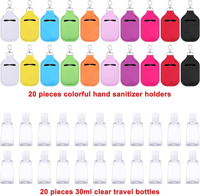 Duufin 40 Pieces Hand Sanitizer Keychain Holders Set with 20 Pieces Hand Sanitizer Holder and 20 Pieces Empty Travel Bottles