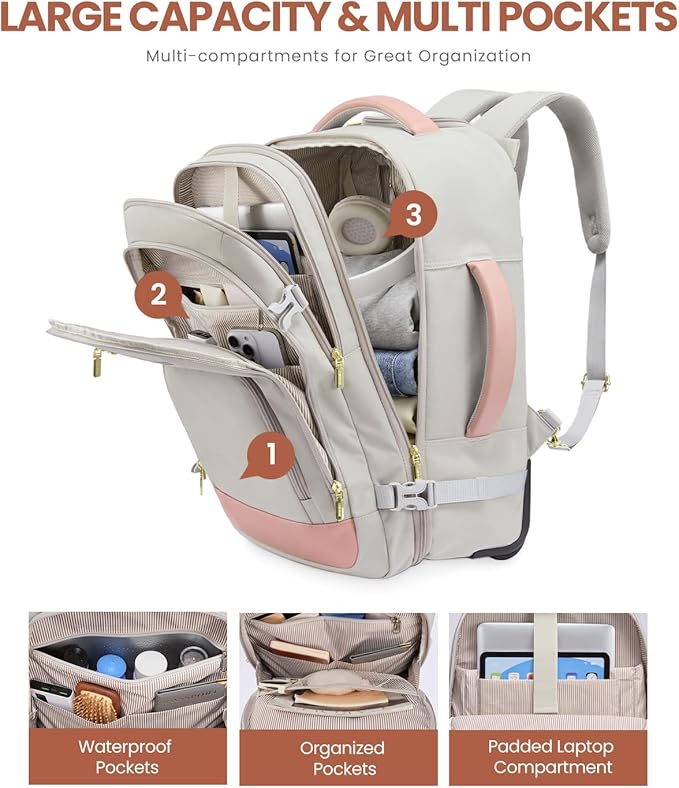 LOVEVOOK 50L Rolling Backpack with Wheels, 18 Inch Carry On Luggage for Women, Water Resistant Wheeled Travel Backpack, Flight Approved Underseat Trolley Bag for Business, Overnight Trips, College
