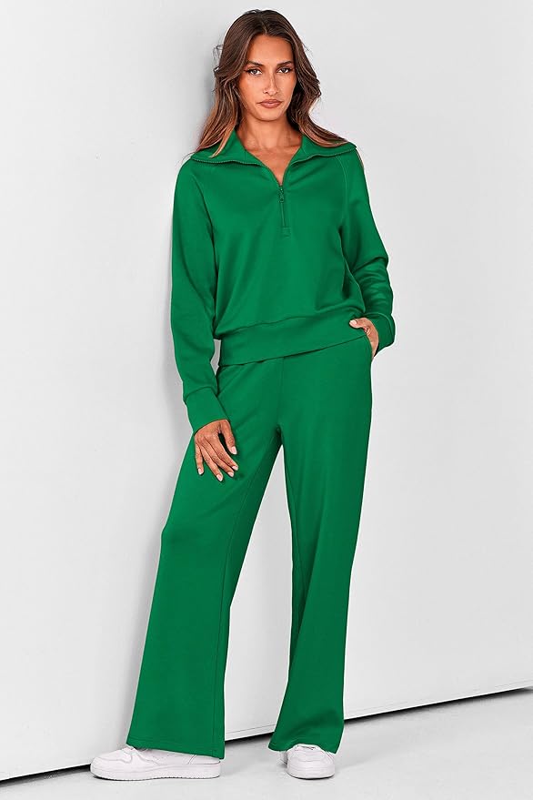 PRETTYGARDEN Women's 2 Piece Outfits Casual Lapel Half Zip Sweatshirts and Wide Leg Pants Tracksuit Sets