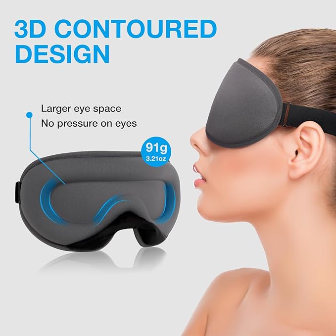 LYSIAN Blackout 3D Sleep Mask for Side Sleepers, No Pressure on Eyes, Soft Contoured Eye Mask for Sleeping, Adjustable Comfortable Night Blindfold for Travel, Office Nap, Home (Silver-Grey)