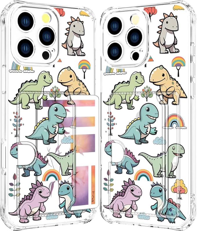 Compatible with iPhone 16 Pro Max Case Card Holder for Women Cute Design,Wallet Phone Cases Transparent Cool Kawaii Protective (Clear Lovely Dinosaurs)