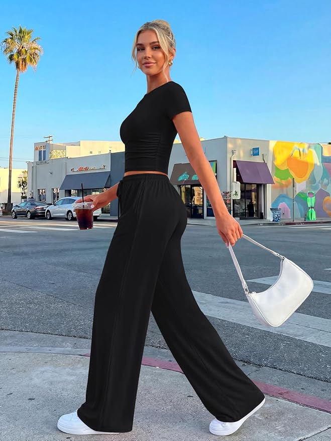 Trendy Queen 2 Piece Matching Summer Lounge Set Womens Side Ruching Top Wide Leg Pants Sets with Pockets