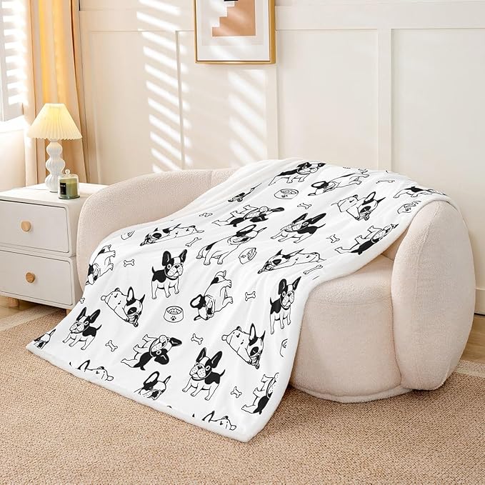 Cartoon Dogs Kids Throw Blanket,Bones Dogs Paws Cute Bed Blanket for Girls Boys Adults,Lovely Dogs Simple Style Fleece Blanket,Black White Chic Fuzzy Blanket,Baby Size (30 x 39 Inches)