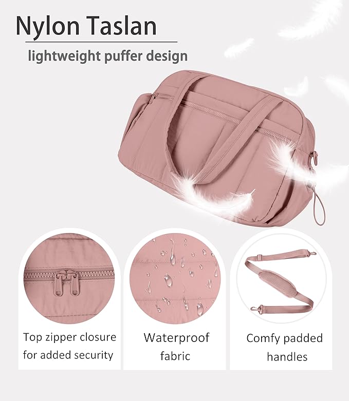 Lightweight Travel Duffle Bag for Women, Quilted Puffy Weekender with Wet Pocket for Gym, Overnight, Personal Item Carry On, Dark Pink