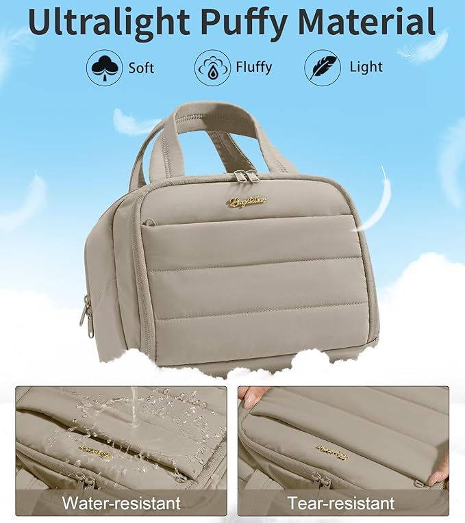 Bagstellar Travel Toiletry Bag for Women, Lightweight Large Quilted Puffy Makeup Bag Wide-open Make up Organizer Cloud Cosmetic Bag w/Handle for Traveling, Toiletries, Essentials, Accessories Oatmeal