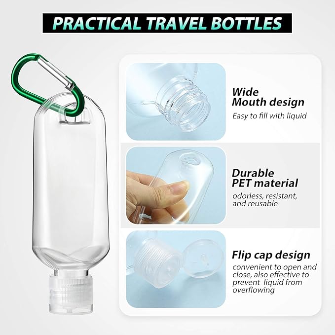 8 Pcs Travel Size Bottles with Keychain Hand Sanitizer Holder, 2 oz Portable Plastic Small Empty Bottles Leakproof Refillable Squeeze Containers for Backpack