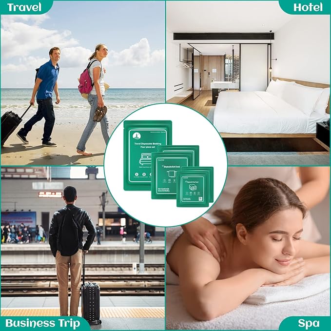 Disposable Bed Sheet for Hotel, Travel Essentials with Disposable Bath Towels Disposable Face Towels Disposable Bed Sheets and Toilet Seat Cover, Disposable Sheet for Cruise Ship, Camping, SPA
