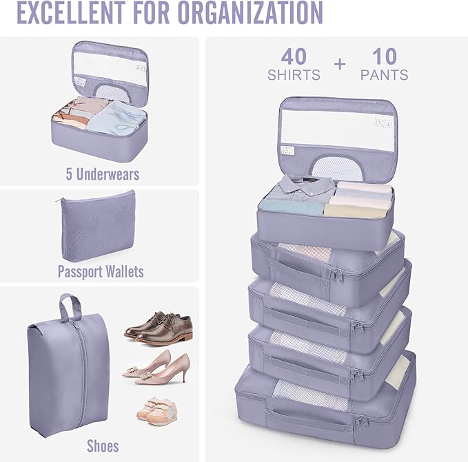 Veken 10 Set Packing Cubes for Travel Essentials, Suitcase Organizer Bags in 4 Sizes, Carry-On Luggage Accessories with Large Laundry Bag & Passport Holder, Must-Have for Airplane, Road Trip & Camping
