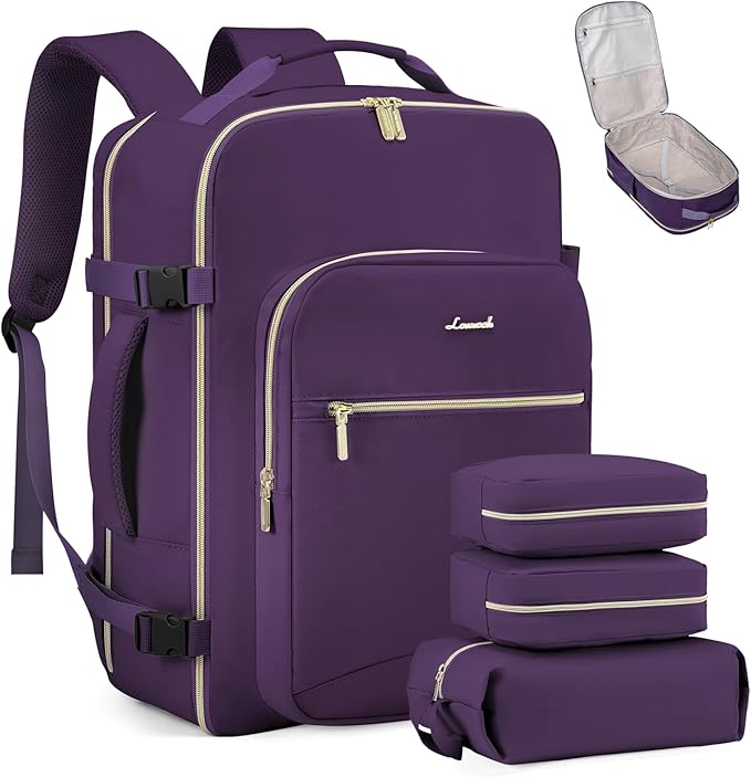 LOVEVOOK Travel Backpack for Women & Men 40L,Airline Approved Carry On Backpack Travel Essentials,TSA Carry on Luggage,Waterproof Personal Item Travel Bag,Suitcase with 3 Packing Cubes,Dark purple