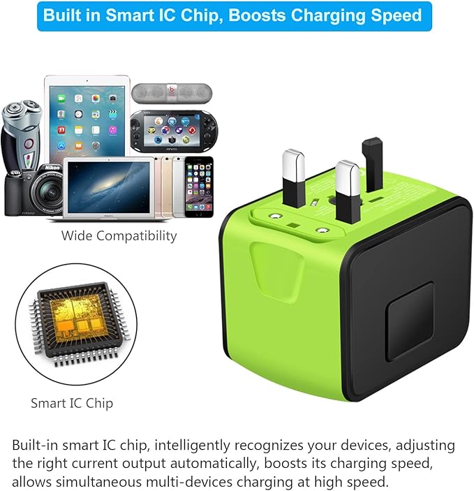 SAUNORCH Travel Adapter Worldwide, Universal International Power Plug Adapter W/2.4A 2xUSB-A and 3.0A 2xType-C Wall Charger, European Travel Plug Adapter for Europe UK EU US CA AU Italy Asia-Green