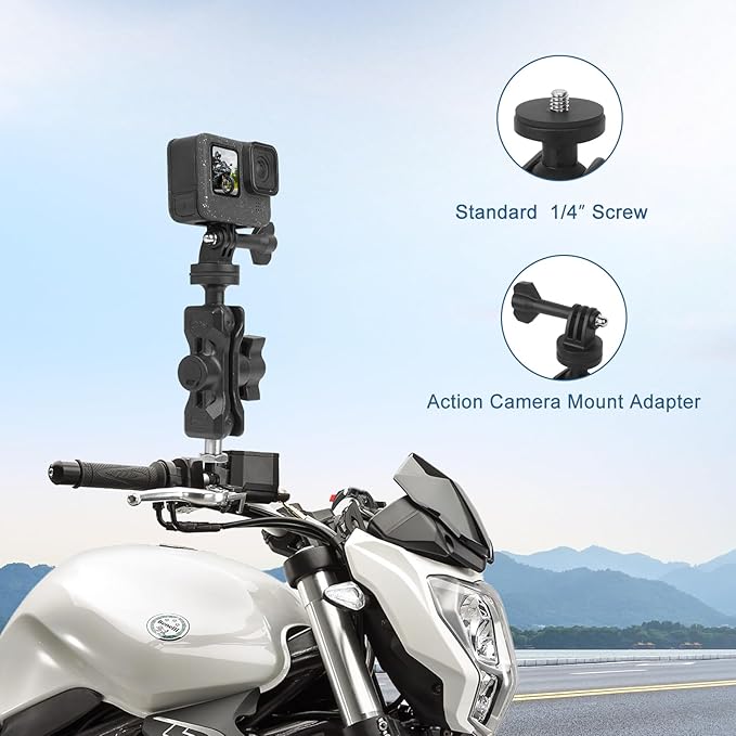 Camera Mount with 360°Dual Ball Head, Motorcycle Handlebar Mounting Bundle Kit for lnsta360 X5/X4/Gopr0 DJl Action 5/, 1/4"-20 & Tripod Adapter, Action Camera Mount Adapter for M10 Hole Base,75019