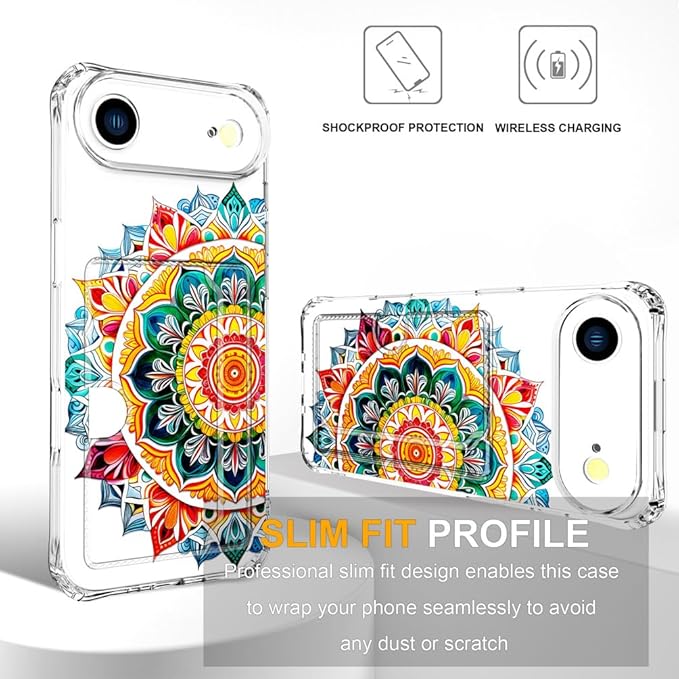 Compatible with iPhone 17 Air Case Card Holder for Women Cute Design,Wallet Phone Cases Transparent Cool Kawaii Protective (Clear Mandala Henna Flower)
