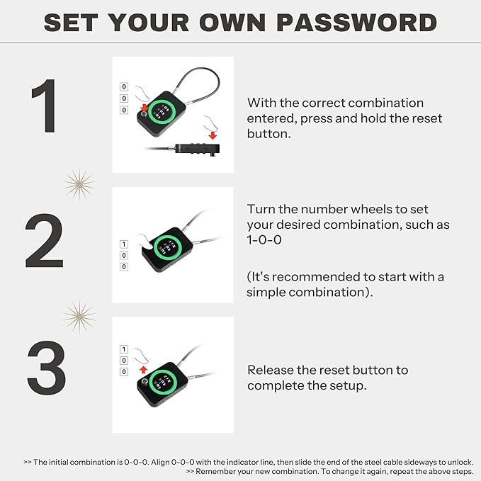 3 Digit Combination Lock, Travel Safe Luggage Locks, Small Cable Lock with Code, Combo Padlock for Suitcase, Backpack, Bag Zipper, Gym Locker, Outdoor Fence, Candados (Luminous, Black)