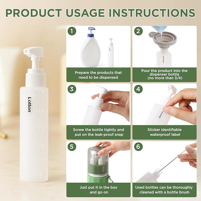 SESENSE 4-in-1 Travel Bottles for Toiletries, TSA Approved Travel Size Toiletries, Leak Proof Refillable Travel Size Shampoo and Conditioner Sets with Wall-Mountable Suction Cup, Green