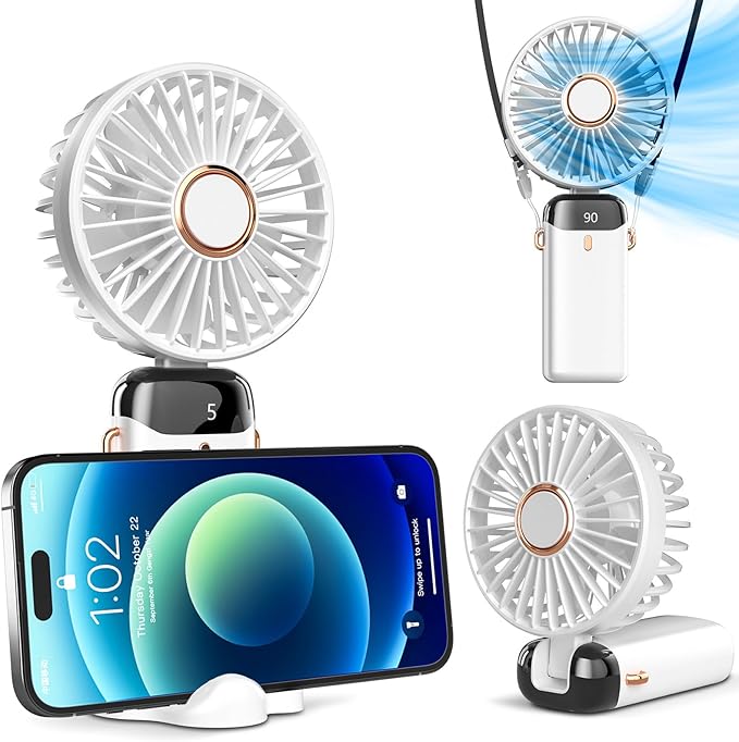 Koonie Portable Handheld, Battery Operated with Base, 8 Hours, Digital Display, 5 Speeds, 90° Ajustable, Rechargeable Mini for Outdoor Indoor White