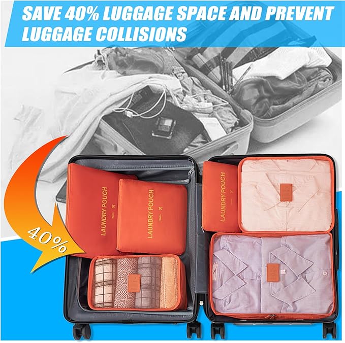12 Set Packing Cubes for Travel Luggage Packing Bags Reusable Waterproof Suitcase Organizer Bags Set with Shoe Bag and Toiletry Bag (Orange+Navy Blue)