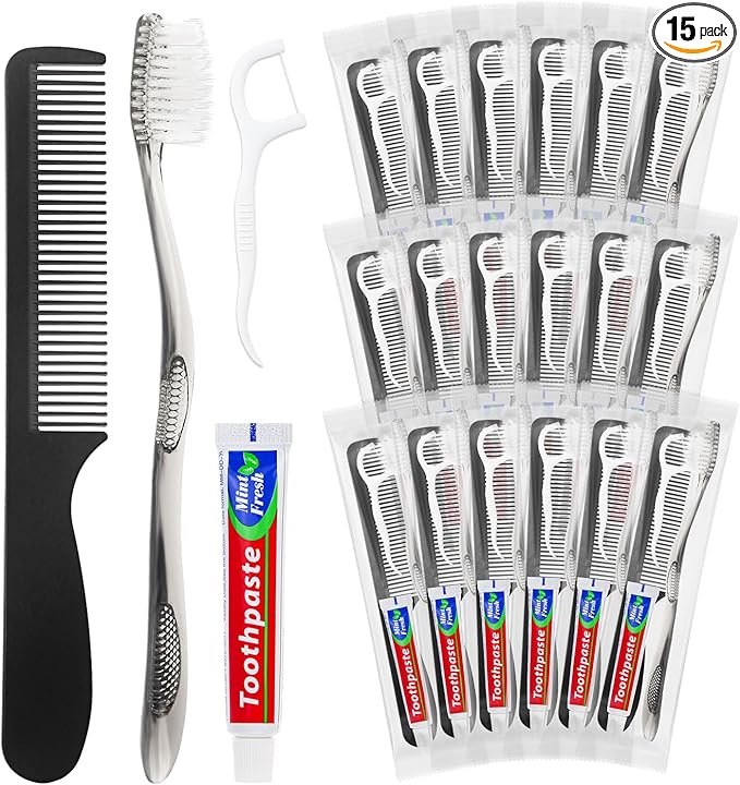 Travel Toothbrushes with Toothpaste, Disposable Toothbrushes, Hygiene Kits in Bulk with Floss Picks, Combs, Individually Packaged, Suitable for Home, Travel, and Hotels (30)
