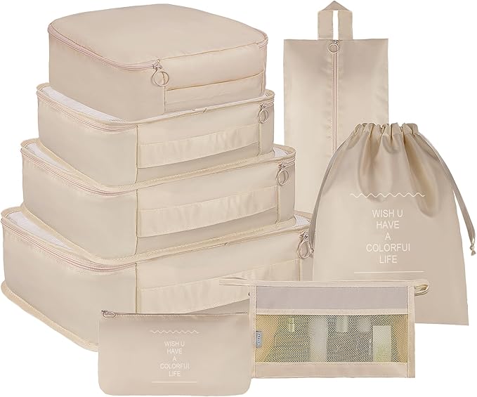 Vercord 8 Set Travel Packing Pods Luggage Organizers Cubes with Laundry Bags Accessories