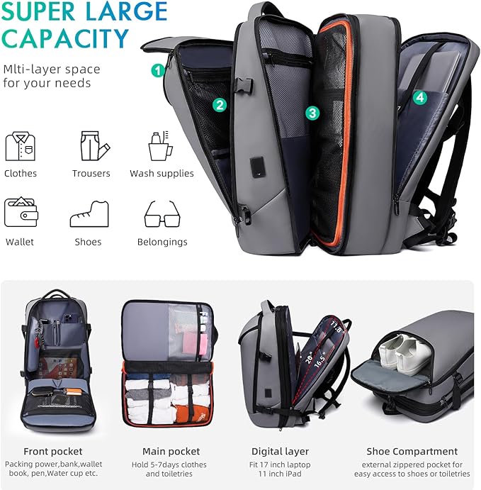 TANGCORLE Laptop Backpack for Women, 50L Carry On Backpack Men, Expandable Flight Approved Water Resistant Luggage with 3 Packing Cubes & USB Port, Travel Backpack Fits 17.3 Inch Notebook