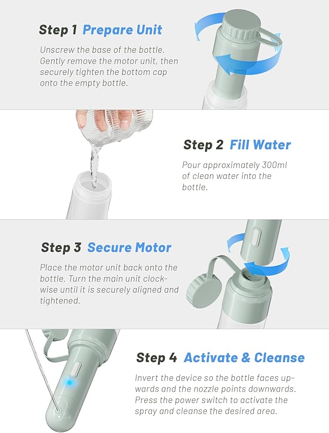 Electric Portable Bidet Sprayer Bottle Handheld for Women & Men, Travel Bidet Portable for Travel, Personal High Pressure Hygiene for Backpacking & Camping (VMASSTONE EPB-001 Mint Green)