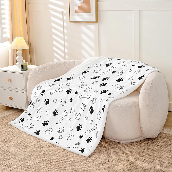 Dog Paws Print Kids Throw Blanket,Bones Love Heart Cute Bed Blanket for Girls Boys Adults,Cartoon Dogs Pets Paws Fleece Blanket,Black White Fuzzy Blanket,40 x 50 Inches