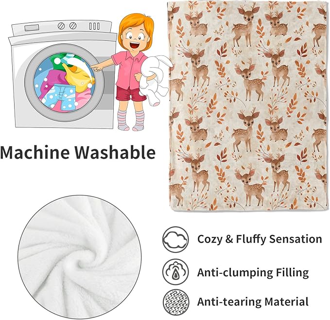 Whimsical Deer Blanket Cute Fawn and Autumn Leaves Throw Blankets Gifts for Kids Girls Lightweight Soft Fleece Cozy for Sofa Couch Bed Room Travel Birthday Decor 60x80in