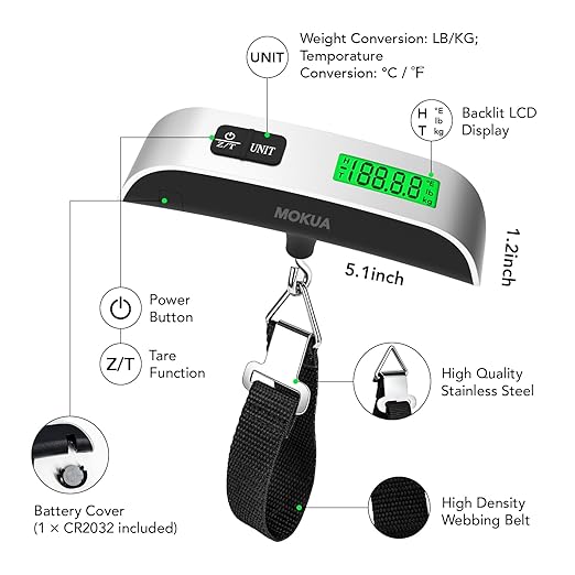 MOKUA Portable Digital Luggage Scale, 110lbs Hanging Baggage Scale with Backlit LCD Display, Portable Suitcase Weighing Scale, Travel Luggage Weight Scale with Hook