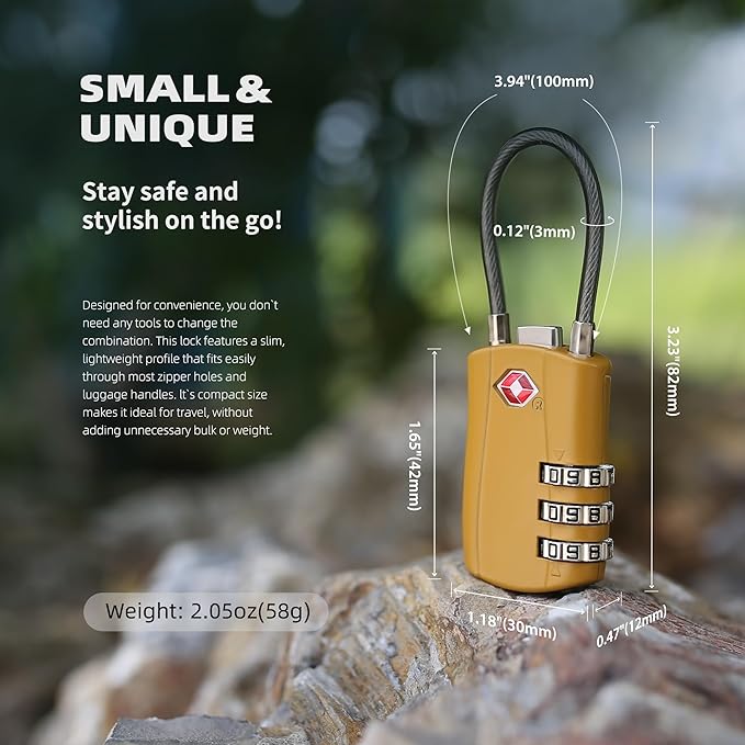 TSA Locks for Luggage, Small Padlock Combination with Cable, Luggage Locks TSA Approved, Combo Padlock with Code, for Travel Suitcase, Gym Locker, Gun Case, Backpack Zipper (Black+Golden)