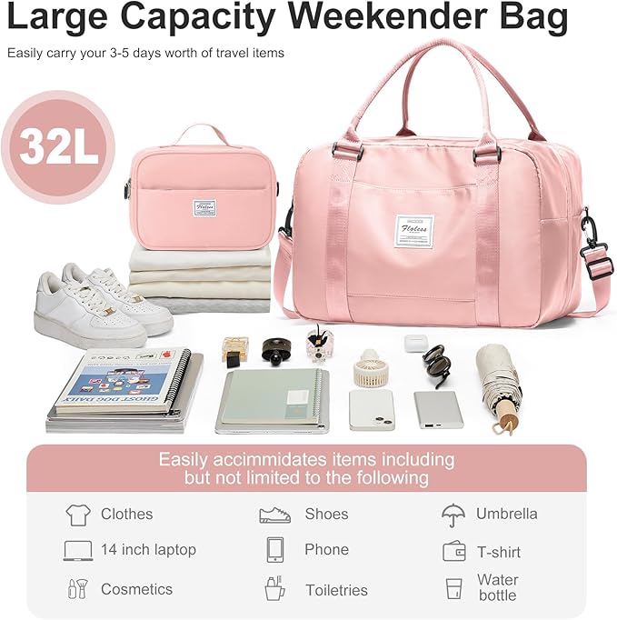 Vacuum Travel Bag for Women with Air Pump, Personal Item Carry on Bags with Seal Compression Pocket for Airlines, Weekender Overnight Bag for Women with Toiletry Bag，Pink