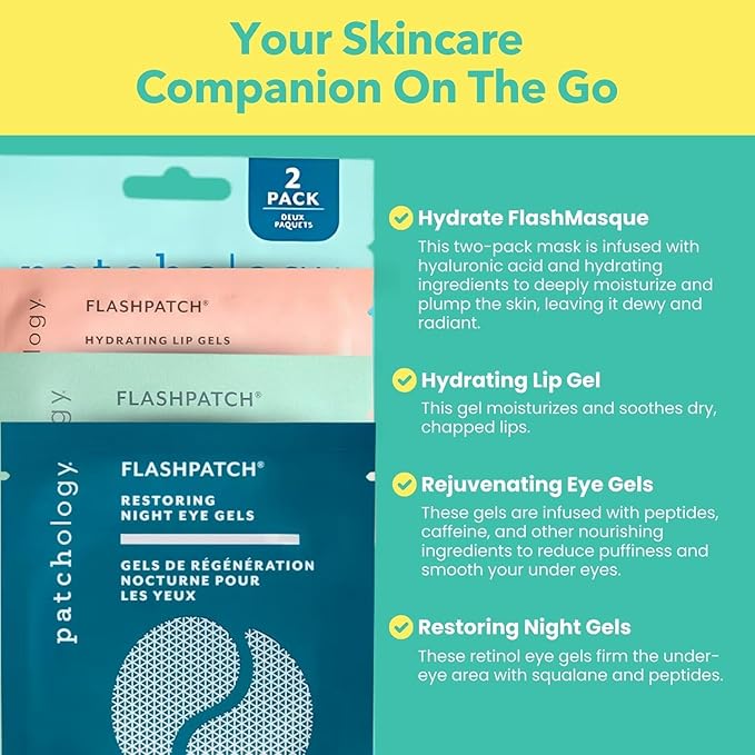 Patchology On The Fly Travel Facial Kit – Travel-Friendly Hydrating Skincare Essentials for Face, Eyes and Lips – Includes 2 Pair Under Eye Patches, 2 Hydrate Sheet Mask for Refreshed Skin,1 Lip Mask