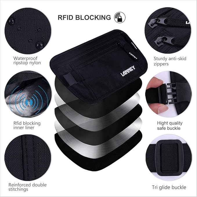 Money Belt for Travel, Slim RFID Blocking Women and Men hidden Travel Pouch Under Clothes, Passport Holder Protect Cash, Documents, Credit Card, Black, Bonus 2 RFID Sleeves