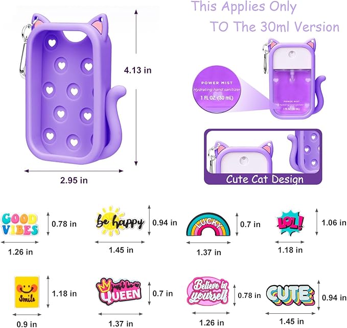 Portable Silicone Case Compatible with Touchland Hand Sanitizer 1 FL OZ / 30ML, Cute Cat-Shaped Case with 8 Charms and Keychain, Hand Sanitizer Spray Accessory, Gift for Women And Teens(Purple cat)