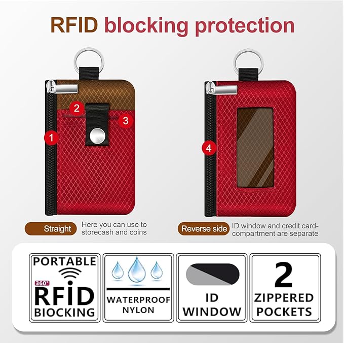 Minimalist RFID Blocking Small Wallet with ID Window,WaterResistant Zip Id Case Wallet with Lanyard Keychain for Cards,Cash,Travel,Women,Men (Red/Brown)