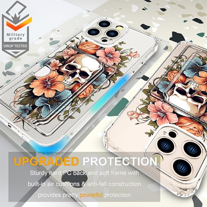 Compatible with iPhone 16 Pro Case Card Holder for Women Cute Design,Wallet Phone Cases Transparent Cool Kawaii Protective (Clear Skull & Flowers)