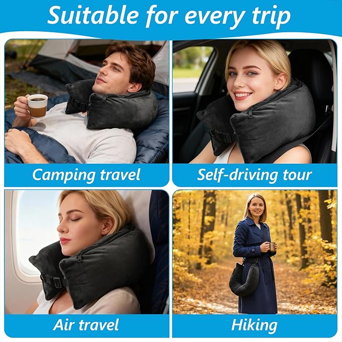 Stuffable Travel Neck Pillow Velvet Stuffable Pillow for Traveling Neck Pillows for Extra Luggage with Adjustable Necks Size Portable Travel Essentials Multifunctional Sleeping Rest Cush(Black)