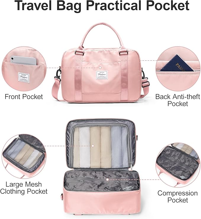 Vacuum Travel Bag for Women with Air Pump, Personal Item Carry on Bags with Seal Compression Pocket for Airlines, Weekender Overnight Bag for Women with Toiletry Bag，Pink