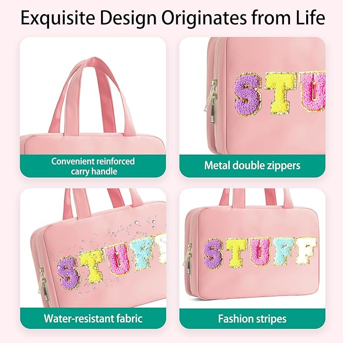 Toiletry Bag for Women Chenille Letter Makeup Bag Water-resistant Cosmetic Bag Travel Bag with Hanging Hook Preppy for Store Toiletries Cosmetic Accessories Medium Light Pink