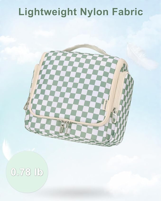 Relavel Travel Toiletry Bag for Women Makeup Bag Cosmetic Organizer Toiletries Bag with Hanging Hook for Travel Size Essentials Accessories Shower Caddy Bag for Bathroom Beach Gym, Green Checkerboard