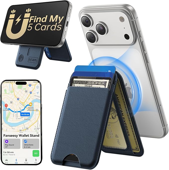 TWZKG for MagSafe Wallet, Works with Apple Find My,5 Card Holder with Stand, Magnetic Phone Wallet for iPhone 17/16/15/14/13/12 Pro Max Plus Air, RFID Blocking Vegan Leather,Blue