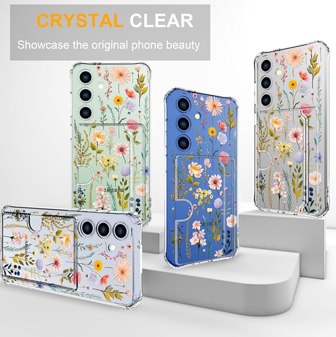Compatible with Samsung Galaxy S24 / S25 Case Card Holder for Women Cute Design,Wallet Phone Cases Transparent Cool Kawaii Protective (Clear Watercolor Floral)