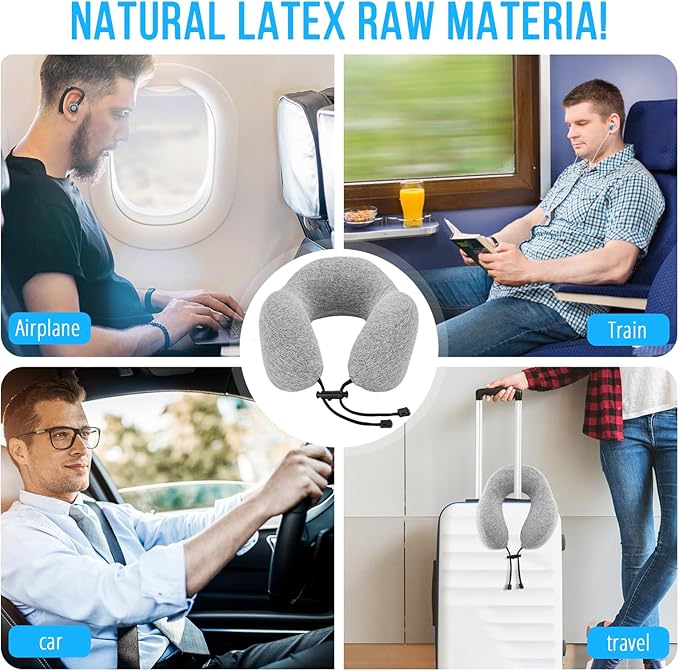 NLQS Airplane Travel Pillow,Natural Latex Neck Pillow,Make You Feel Comfortable Airplane Neck Pillow,Comfortable and Breathable,Support Head and Neck,Travel Essentials,Eye Mask and Ear Plugs Gray Set