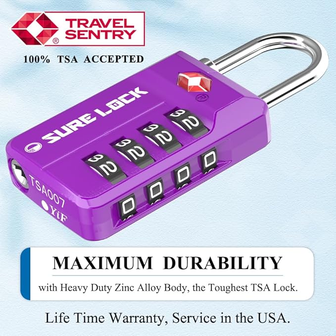 SURE LOCK TSA-Approved 4-Digit Resettable Combination Lock with Open Alert, Easy-Read Dials - for Luggage, School Lockers, Gym, Office, Toolbox & Security Cases (Dark Purple 2 Locks)