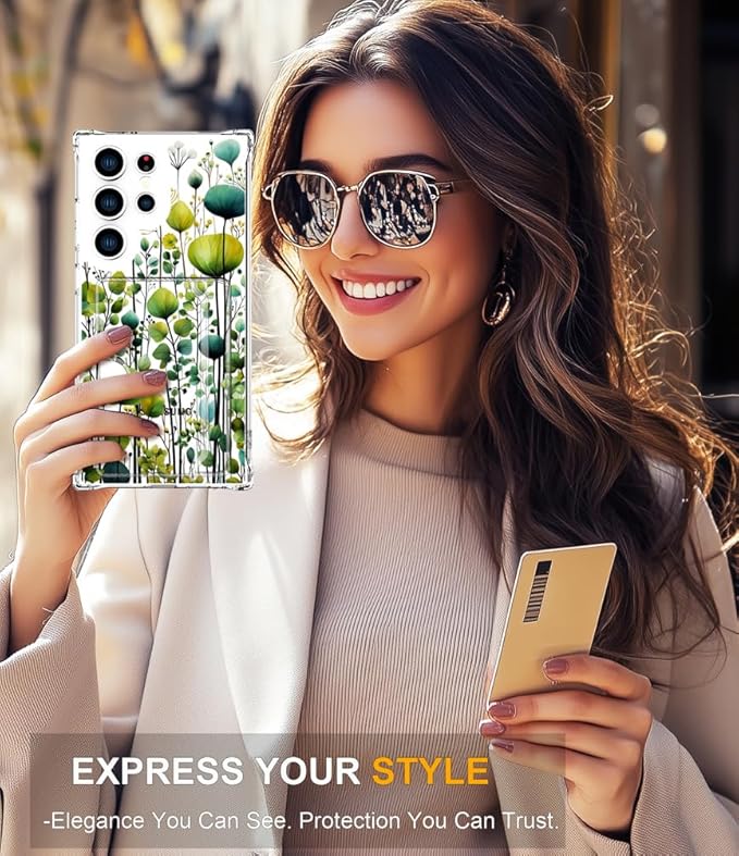 Compatible with Samsung Galaxy S24 Ultra Case Card Holder for Women Cute Design,Wallet Phone Cases Transparent Cool Kawaii Protective (Clear Green Flower Leaves Buds)