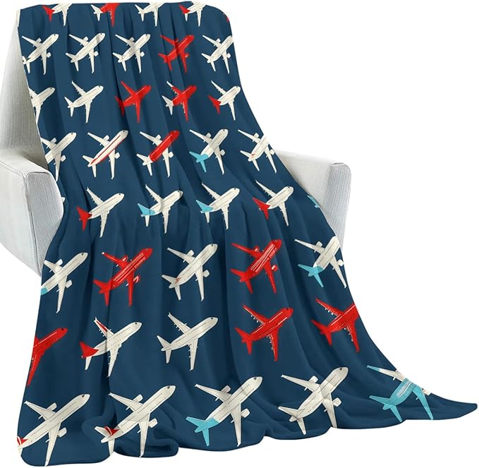 Airplane Blanket Gifts for Kids & Pilot,Aviation-Inspired Blue Throw Blankets,Soft Comfy Lightweight for Room Couch Bed Sofa Flight Decor,Travel Lover 60x50in