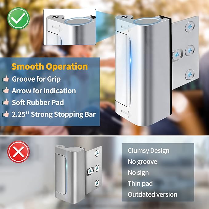 Home Security Door Reinforcement Lock Safety Latch Extra Front Doors Security Devices, Anti Door Kick in Safety Protector for Door Inside, Child Proof Aluminum Locks Silver 2Pack